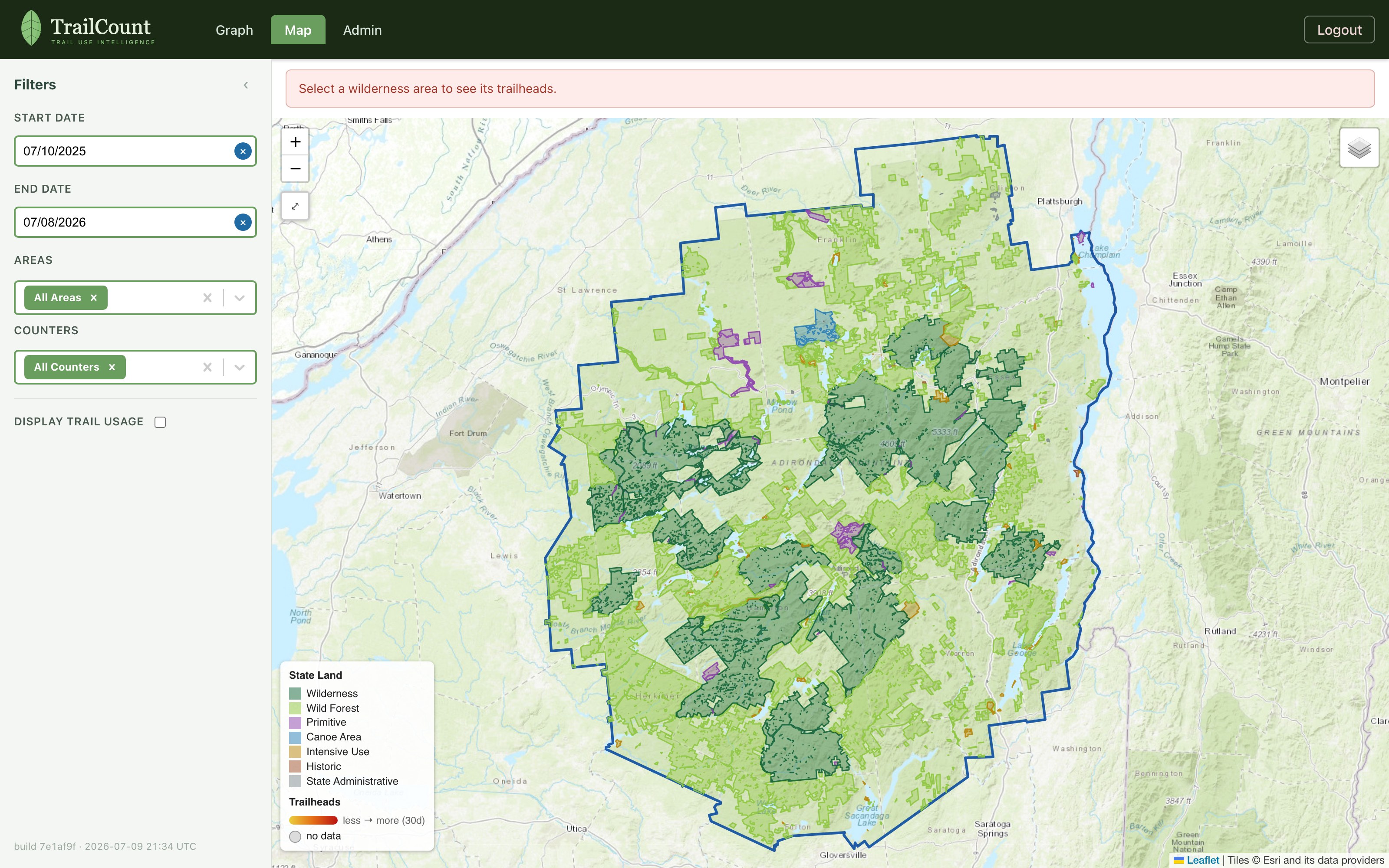 TrailCount map view of the Adirondack Park